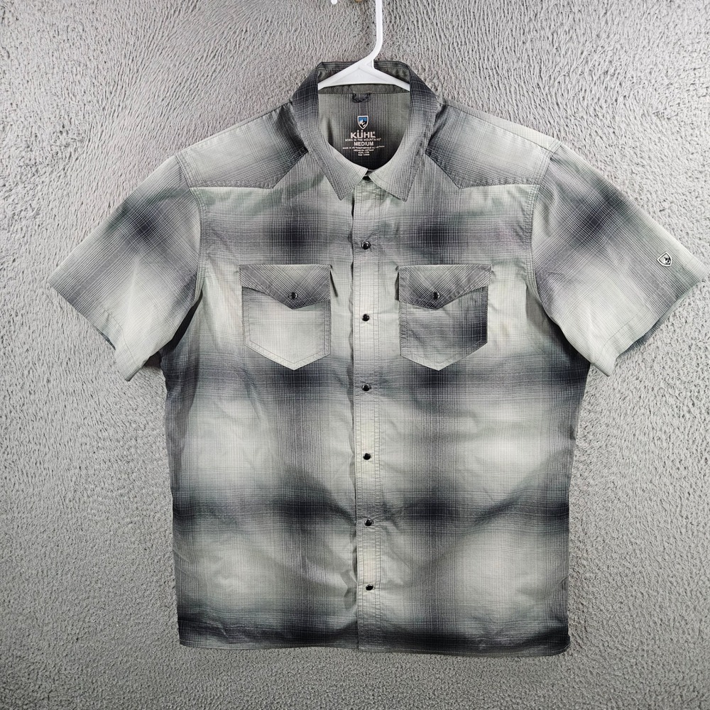Kuhl Mens Grey Plaid Short Sleeve Western Snap Front Hiking Shirt Medium